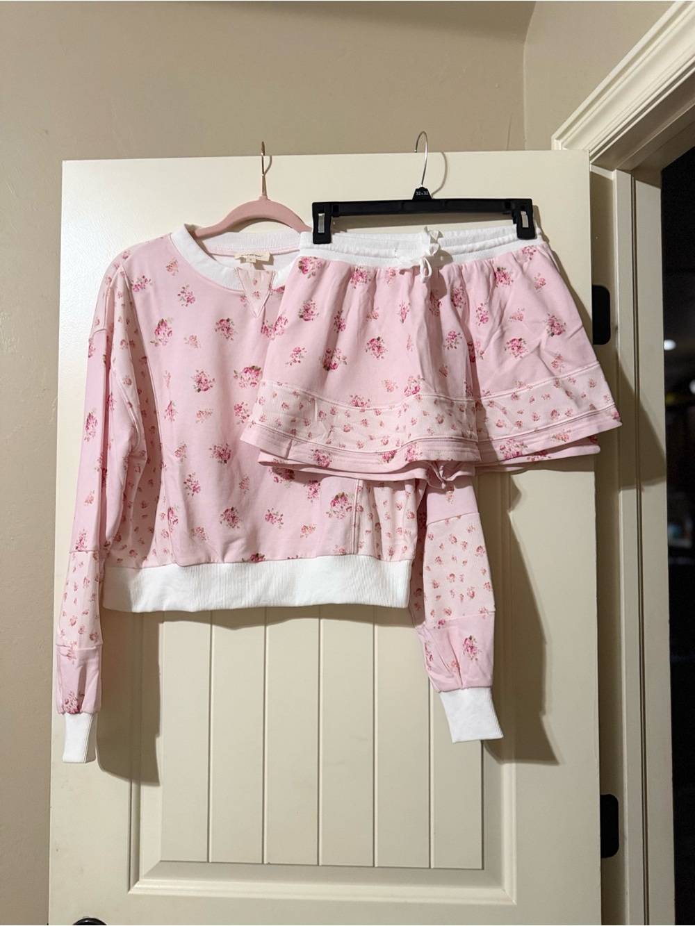 Pink Floral Two-Piece Women's shirt and Skort Set with White Trim